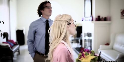 Perverted skinny blonde teen sucks three big hard cocks (Piper Perri)