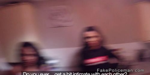 Fake cop bangs two brunette roomies