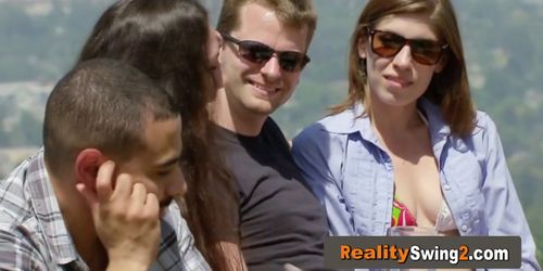 Swinger couples are sharing their partners and having a wild softcore orgy