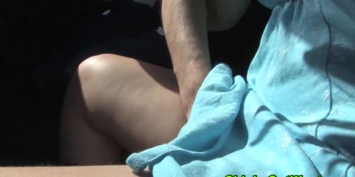 Amateur gives outdoor blowjob