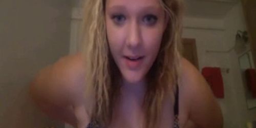 Chubby blonde licks her big tits and puts her underwear inside her pussy - video 1