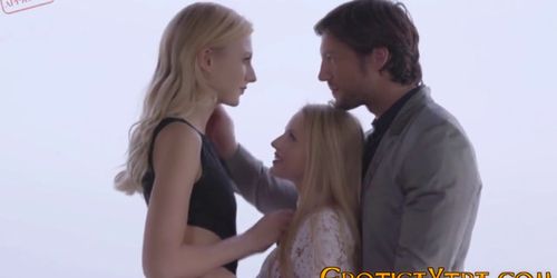 Luscious blonde joins couple for trio
