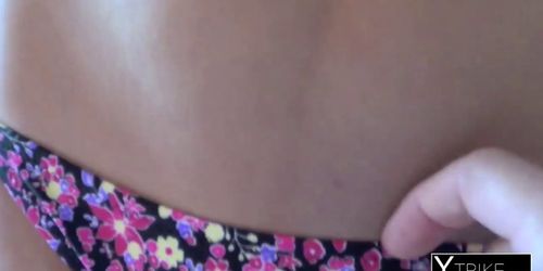 Barely legal teen is showing her pussy and sucking a loaded rod