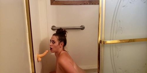 Horny milf Roxy Knight fucks suction cup dildo in shower doggystyle