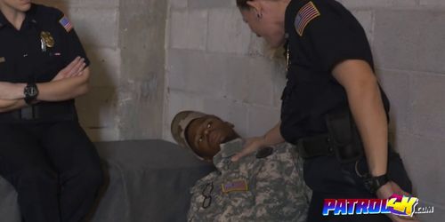 Black guy in army uniform fucks in threesome with couple of slutty female cops