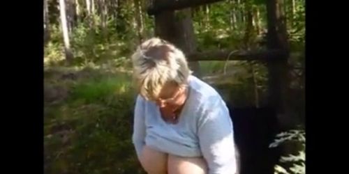 Breasted Granny with Glasses Masturbating in the Forest