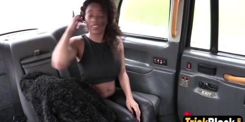 Delightful ebony babe with big pierced tits got her pussy slammed hard in the taxi