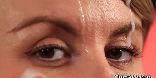 Peculiar peach gets cumshot on her face gulping all the jizz