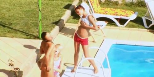 Three girls secret fucking by the pool