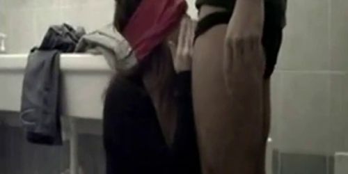 threesome blowjob with blindfolded girl