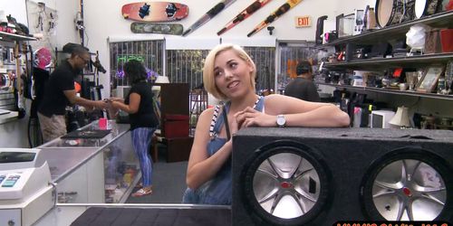 Cute blonde slut sucks cock and gets screwed in the pawnshop