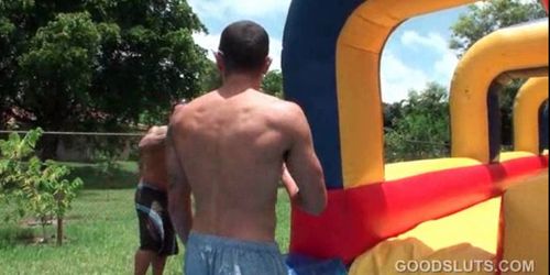 College tramps showing off tits in the pool