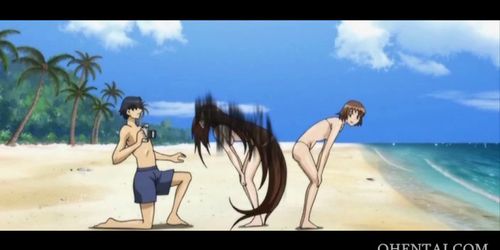 Two hentai girls fucked in 3some at the beach