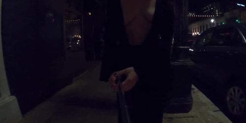 Teaser - Walking completely Topless on a Busy Night Out!