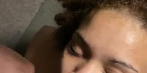 Cute curly head redbone takes cum to the face