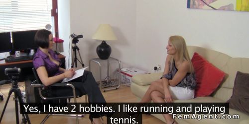 Blonde lesbian teasing female agent