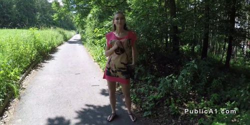 Slim babe sucks huge cock in forest