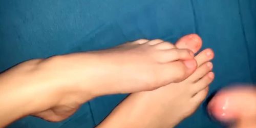 Cheating gf lets soft femboy cum on her teen feet