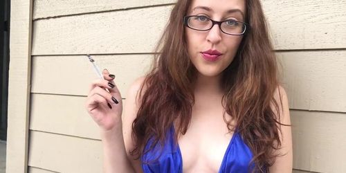 Sexy Goddess D Smoking In Tiny Blue Bikini Top Outside Wearing Glasses - Perky Boobs - Long Hair