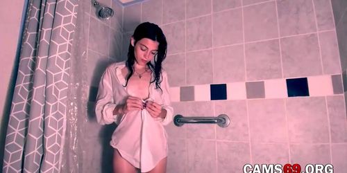 Cute Girl in Wet Shirt Playing in the Shower