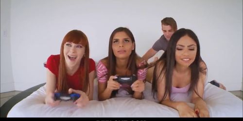 Step Brother Fucks Sis And Her Best Friends While They Play Video Games