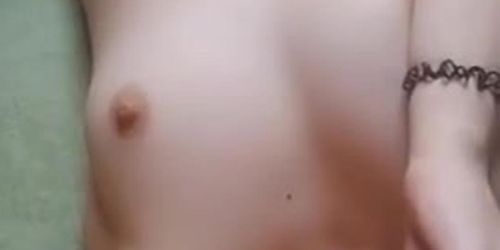 Beautiful naked bitch with shaved pubic hair and natural tits sucks small bottle with her sexy lips