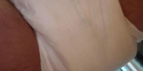 Hairy woman pissing in diaper