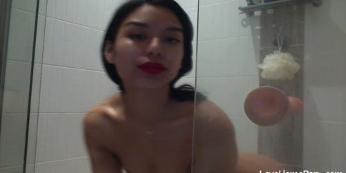 Asian Chick With Hairy Pussy Fuck Herself With A Dildo