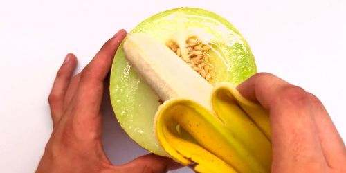 Wet juicy melon gets brutally fingered and fucked  by rough banana until gaping