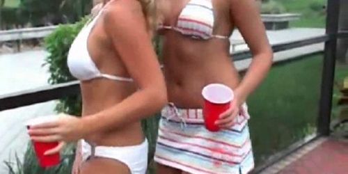 Teen hoes in tiny swim suits flashing hot assets at VIP orgy