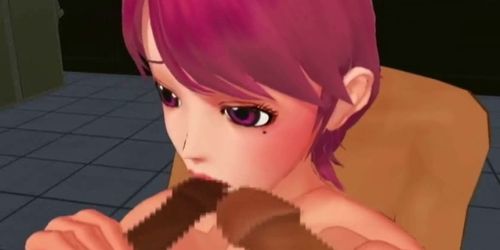 Anime redhead sucks two cocks