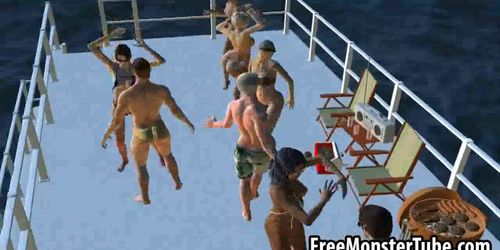 Foxy 3D dessin animé blonde se fait baiser sur un bateau