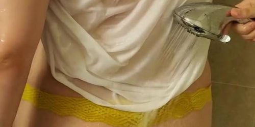 Sexy wet t shirt girl plays with pussy in shower 