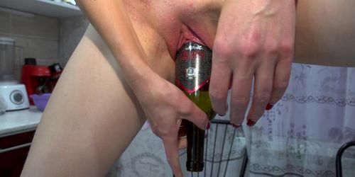 Super extreme insertion! Drink wife screw herself by very huge eggplant and bottle of vine!