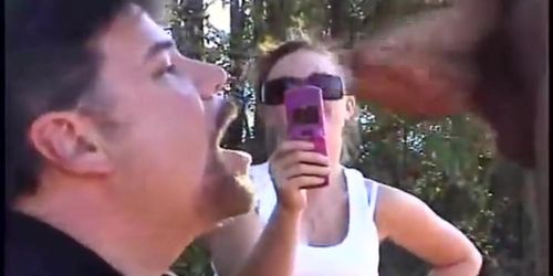 Cuckold Sucking in Woods while wife films