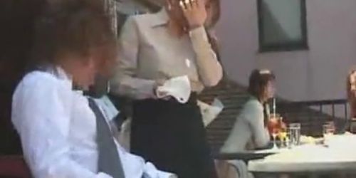 Cute Japanese waitress gives handjob in crowded restaurant