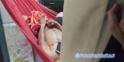 Asian hot daddy got caught jerking off by his niece