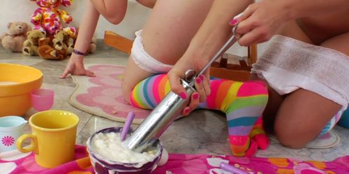Enema babes squirt milk on cereal pile