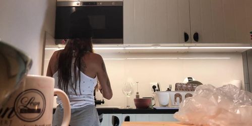 Braless Brunette Hot Tight Pussy No Panties in the Kitchen finishes the Dishes