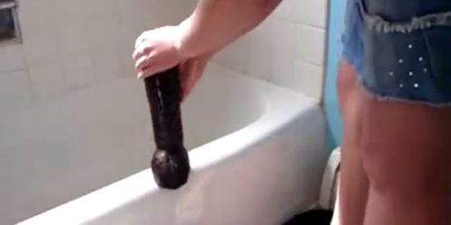 hot mature blonde rides big dildo in bathroom