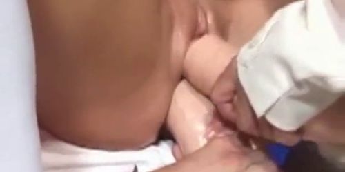 Mabels holes attacked by 2 huge dildos