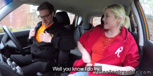 Blonde with natural titties bangs in car