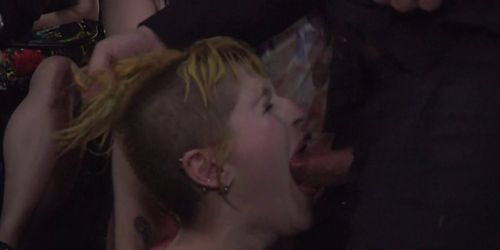 Blonde gets group fuck and facial in public bar (Nerea Falco)