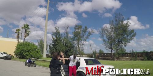 Busty milfs in cop uniforms make a horny threesome