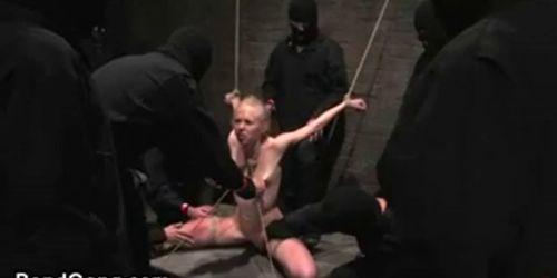 Bound blonde toyed and mouth fucked and clamped