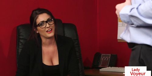 Office beauty instructing wanking sub - video 1