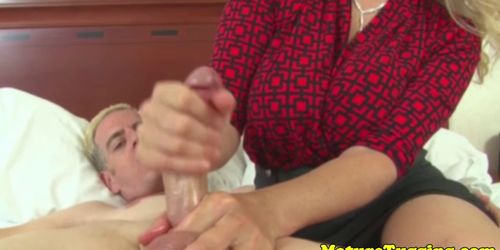 Busty mature milf gets cum on tits after tugging