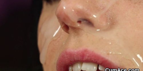 Peculiar peach gets sperm load on her face swallowing all the ejaculate