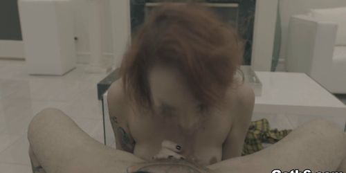 Small cock poping out in Emilys tiny mouth
