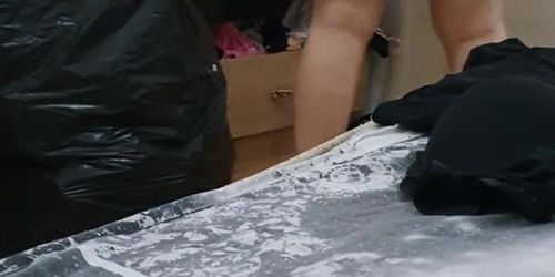 Horny step mother caught naked and get fucked by step son while dad sleeps 